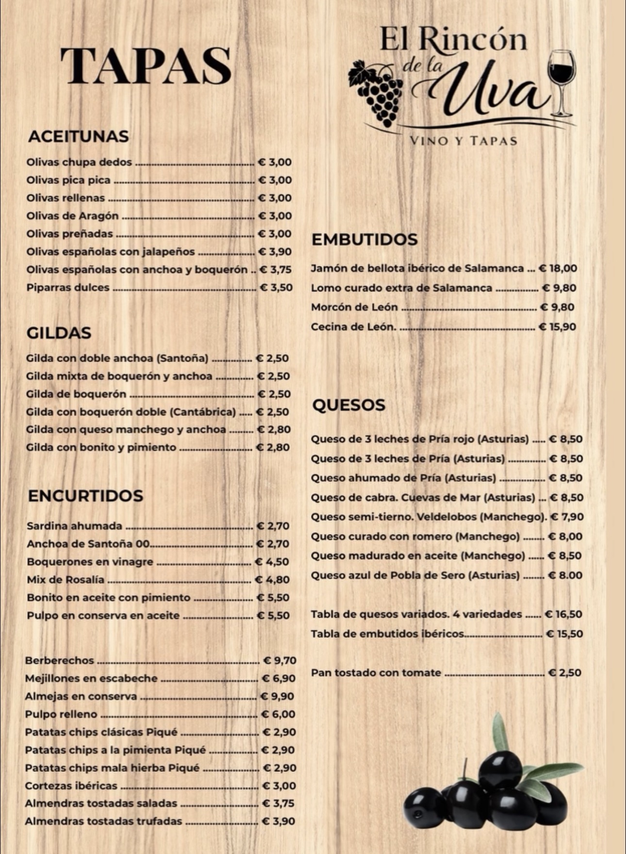 Carta de tapas El Rincón de la Uva — página 1