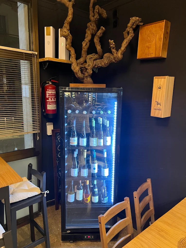 Interior con nevera de vinos y vid decorativa centenaria